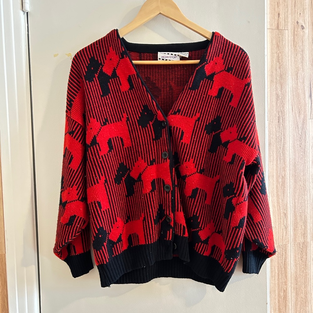 Bold Red & Black Dog Pattern Cardigan - Picture 1 of 4